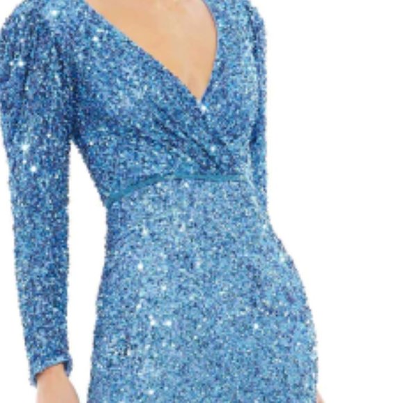 NWT Mac Duggal Puff Shoulder Sequined Long Gown Formal Dress Blue  5510 - Picture 4 of 6